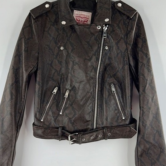 LEVI STRAUSS & CO FAUX LEATHER SNAKE PRINT MOTO BELTED JACKET BROWN/BLK NWOT - Picture 5 of 5